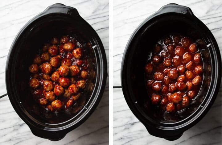 grape jelly meatballs in a Crockpot before and after cooking