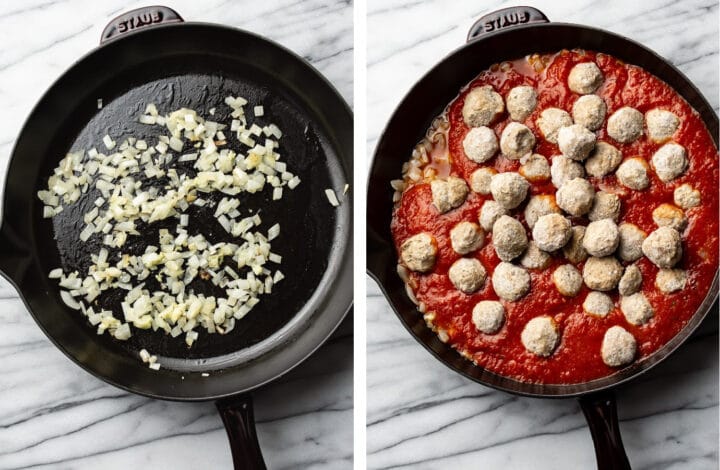 frying onions in a skillet and adding marinara sauce and meatballs