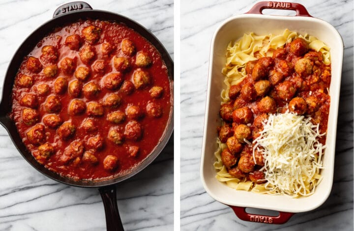 transferring meatball mixture from skillet to baking dish with noodles and adding cheese