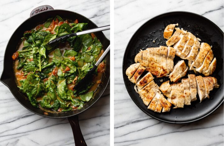 adding spinach to the skillet and chopping up cooked chicken into strips