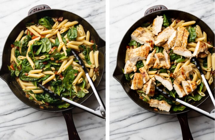 tossing penne and chicken in the skillet to complete ranch chicken pasta