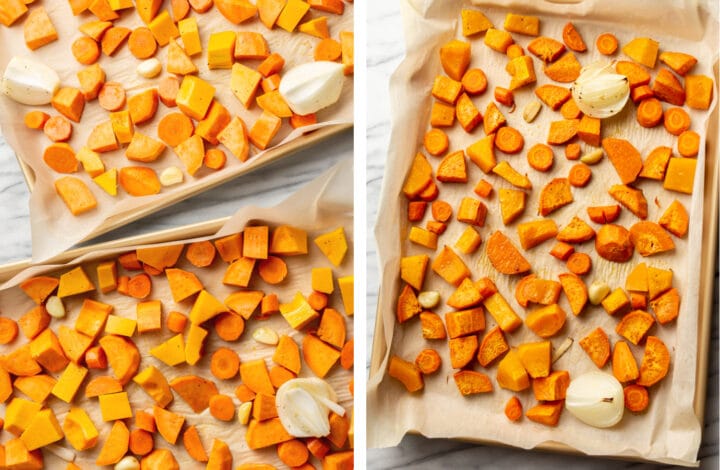 sliced fall vegetables on a baking sheet before and after going in the oven
