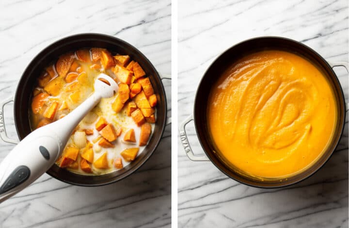 using an immersion blender to blend roasted vegetable soup