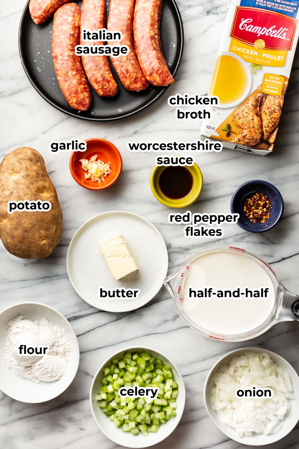 ingredients for creamy italian sausage and potato soup in prep bowls