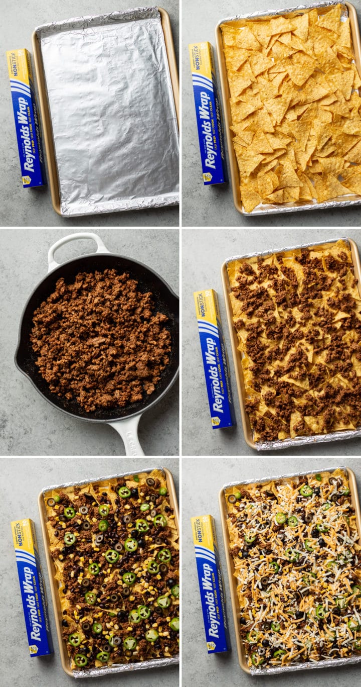 how to make loaded sheet pan nachos process photo collage