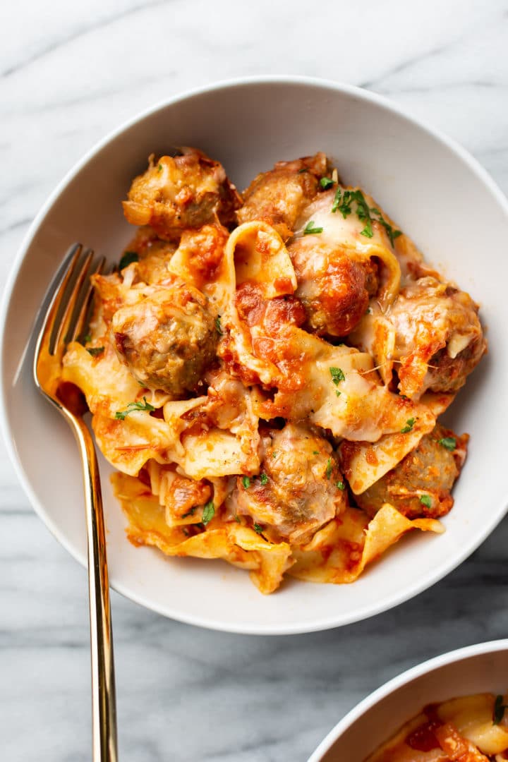 meatball casserole served in a white bowl