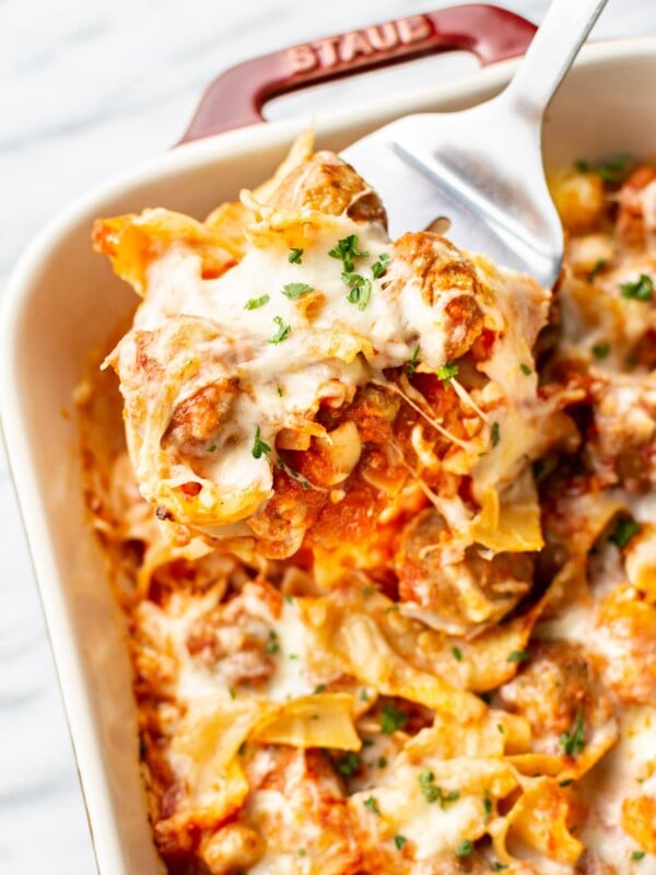 close-up of meatball casserole being lifted up by a spatula