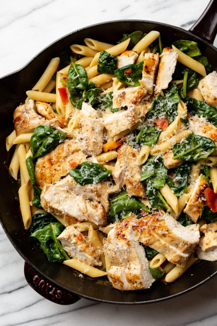 ranch chicken pasta in a skillet