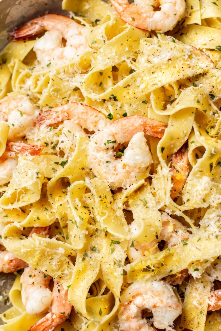 close-up of pappardelle with shrimp