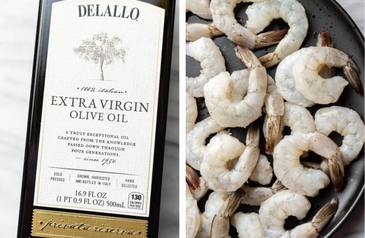 collage with a close-up of DeLallo's Private Reserve Olive Oil and uncooked shrimp