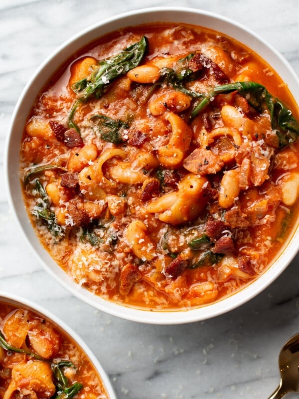 close-up of a bowl of bean and bacon soup