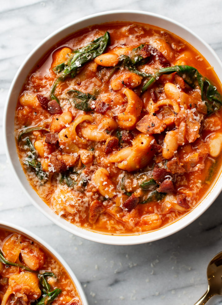 close-up of a bowl of bean and bacon soup