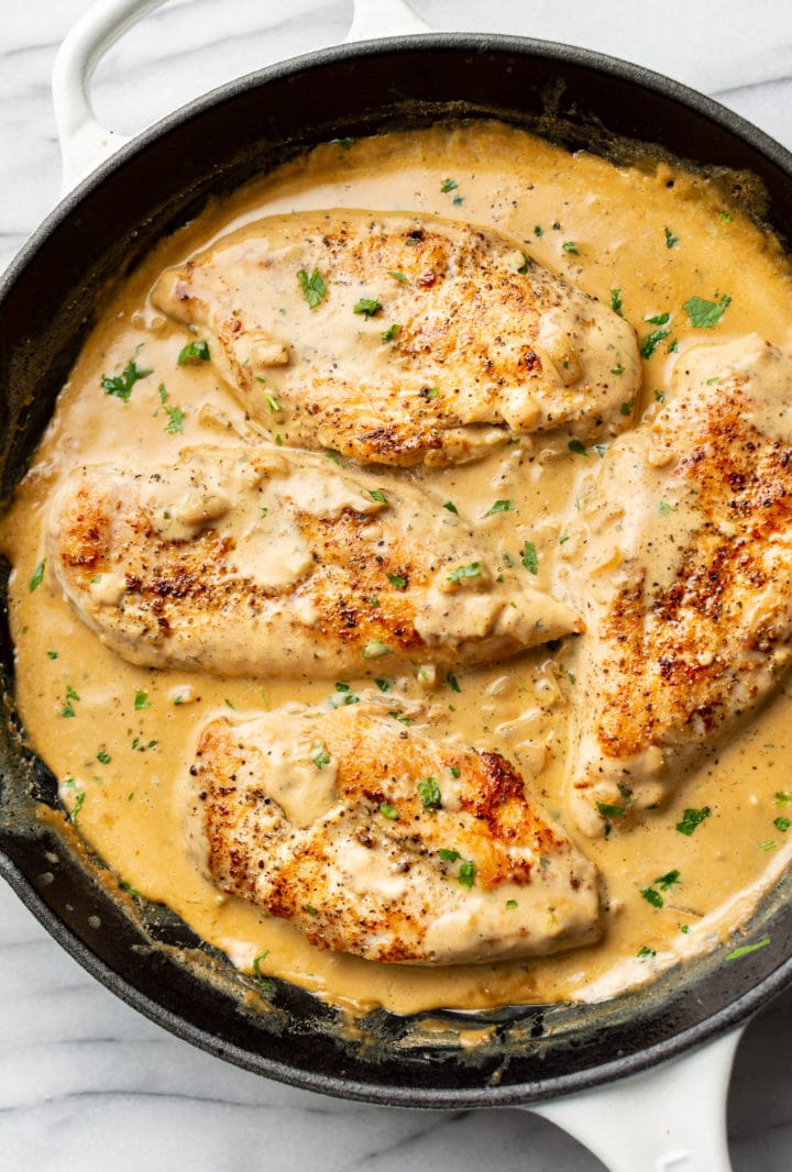 close-up of Boursin chicken in a skillet