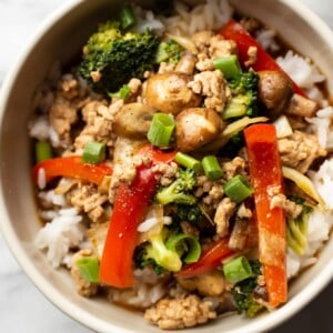 bowl of ground turkey stir fry