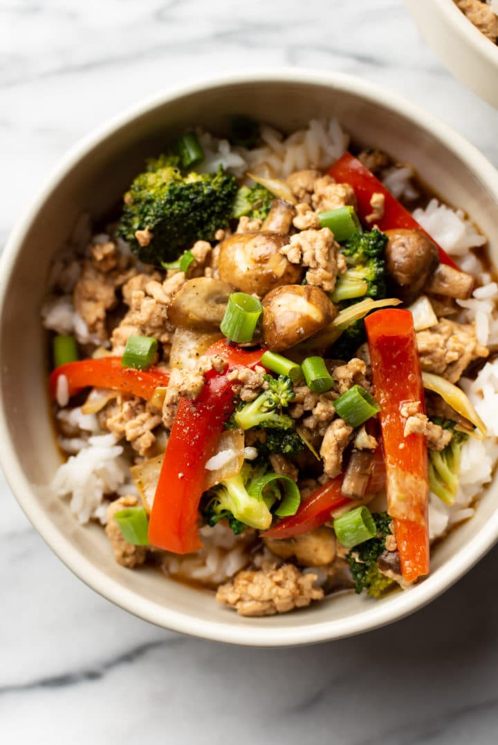 bowl of ground turkey stir fry