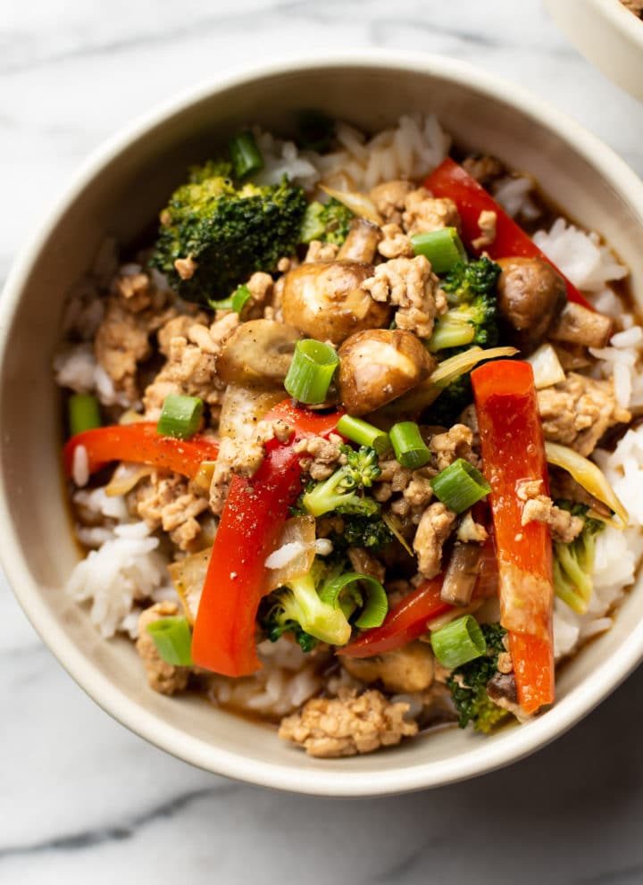 bowl of ground turkey stir fry