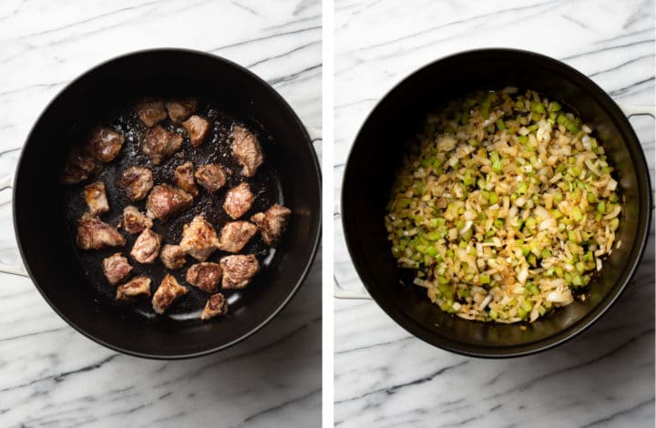 cooking beef, onion, and celery for beef stew in a dutch oven