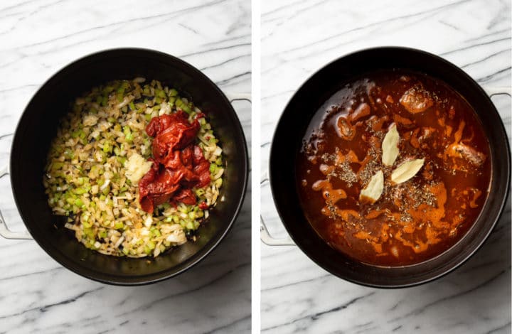 adding tomato paste, broth, and remaining ingredients for beef stew to a large pot