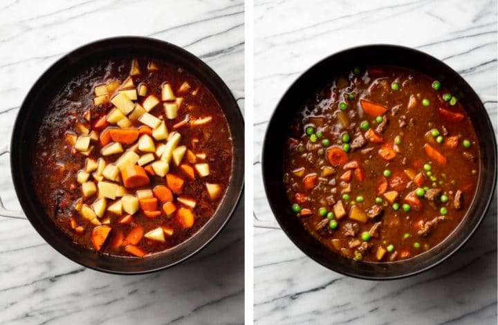 adding in potatoes, carrots, and peas to a large pot of beef stew