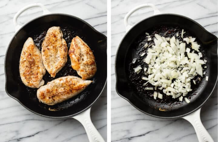 pan frying chicken and sauteing onions