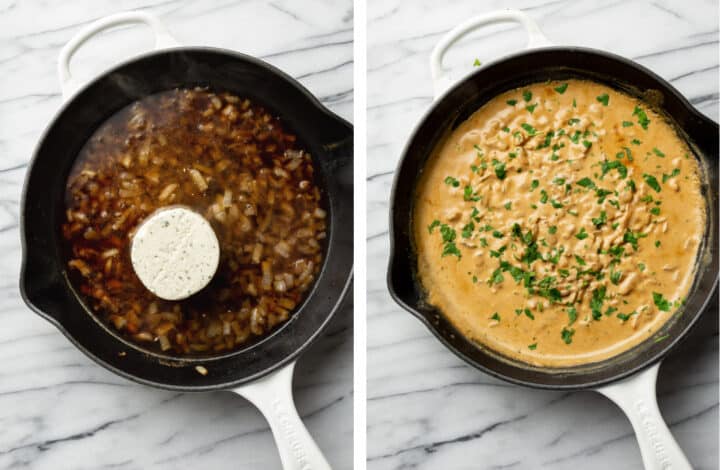 making boursin sauce in a skillet and adding in chicken