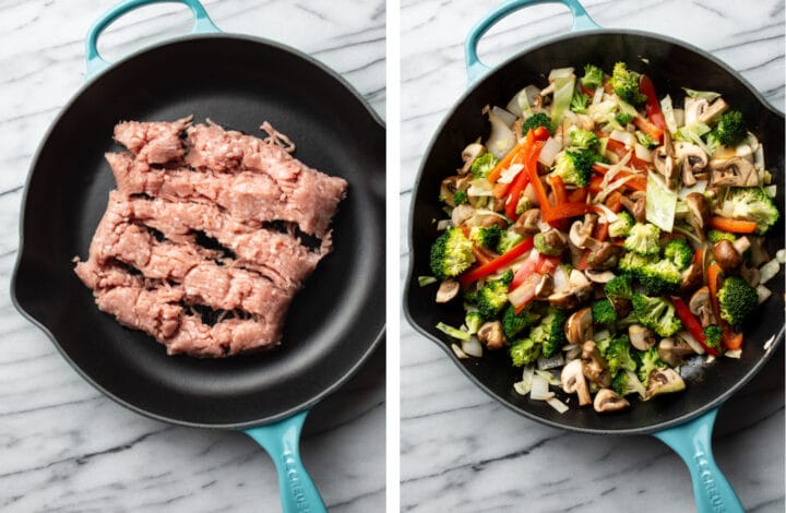 frying ground turkey in a skillet for stir fry and adding vegetables