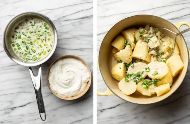 making the cream and scallion mixture for mashed potatoes with sour cream