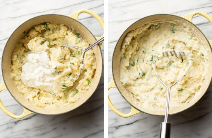 adding sour cream to mashed potatoes with sour cream