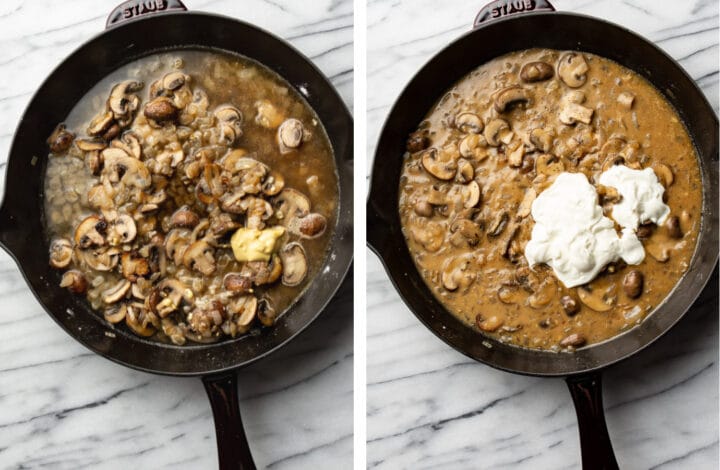 adding broth and sour cream in a skillet to mushroom stroganoff