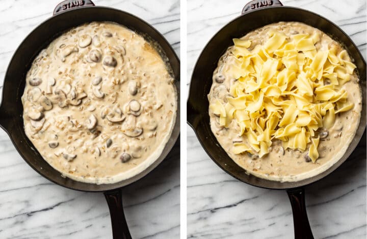 adding in egg noodles to a skillet of mushroom stroganoff