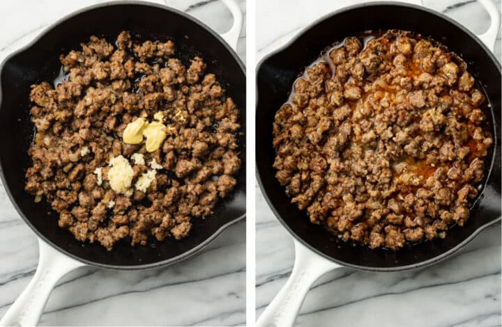 sauteing italian sausage in a skillet and adding garlic and white wine