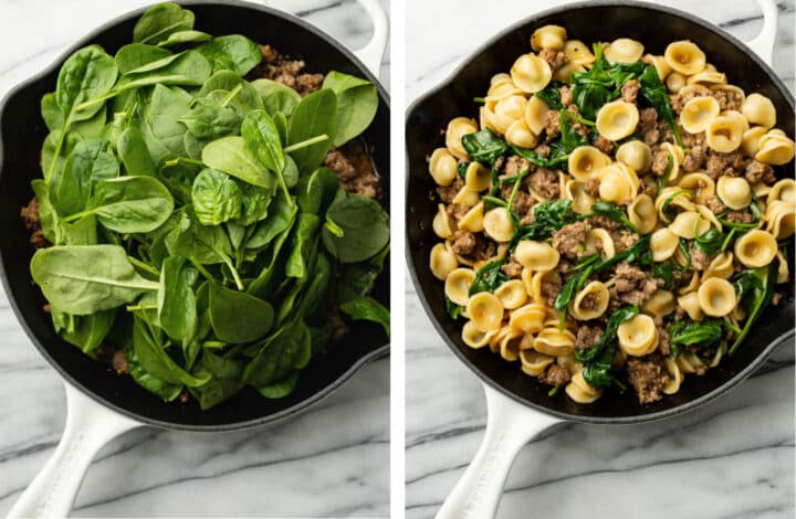 adding in spinach and orecchiette pasta to a skillet