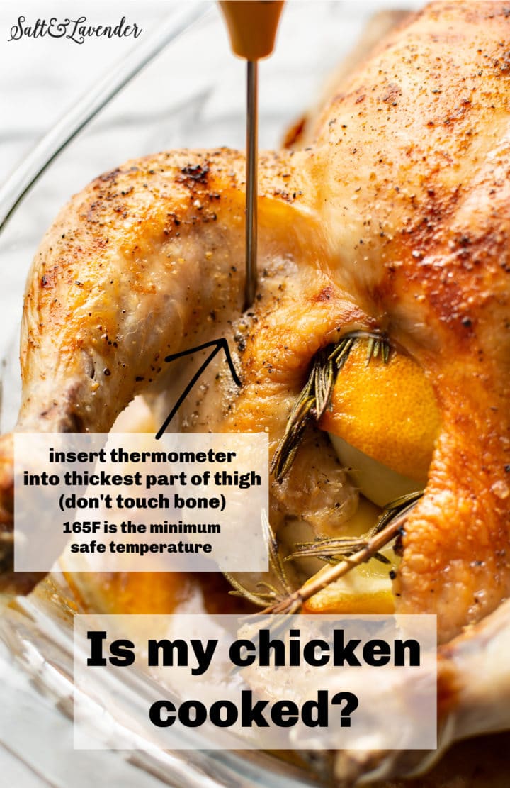 graphic with text overlay showing how to use an instant read thermometer to test if a whole chicken is cooked