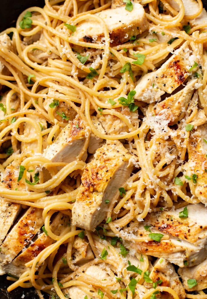 close-up of lemon chicken pasta