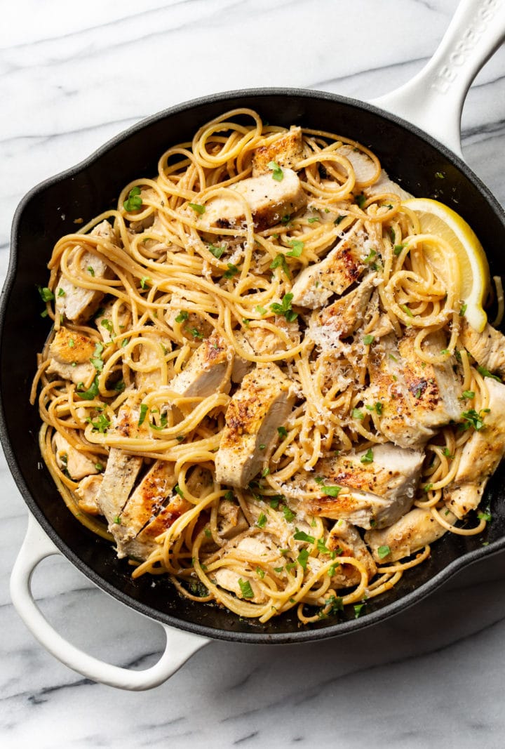 lemon garlic chicken pasta in a skillet