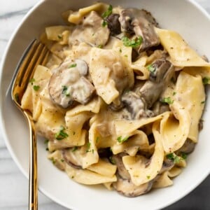 close-up of mushroom stroganoff in a white bowl