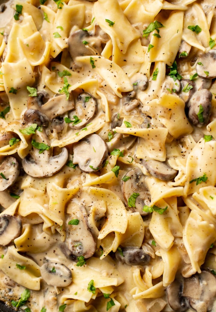 extreme close-up of mushroom stroganoff