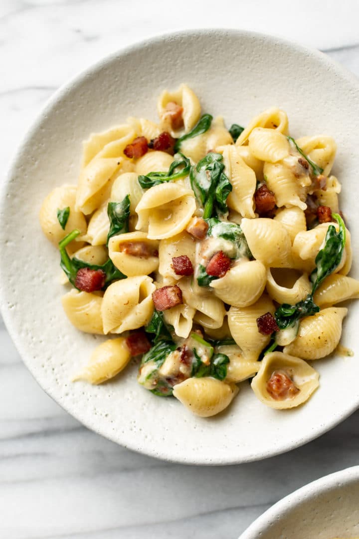 best brie pasta in a shallow white bowl