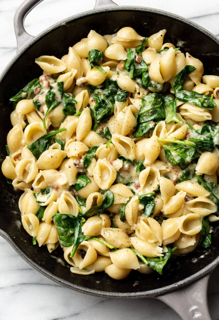 easy brie pasta in a skillet