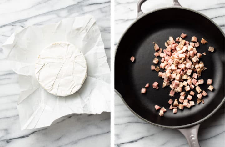 collage with a small wheel of brie and uncooked pancetta in a skillet