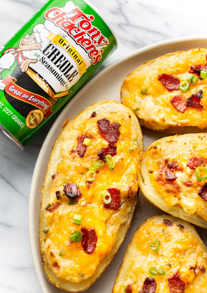 close-up of Cajun twice baked potatoes on a plate with Tony Chachere's Original Creole Seasoning