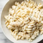 cream cheese pasta close-up in a white bowl