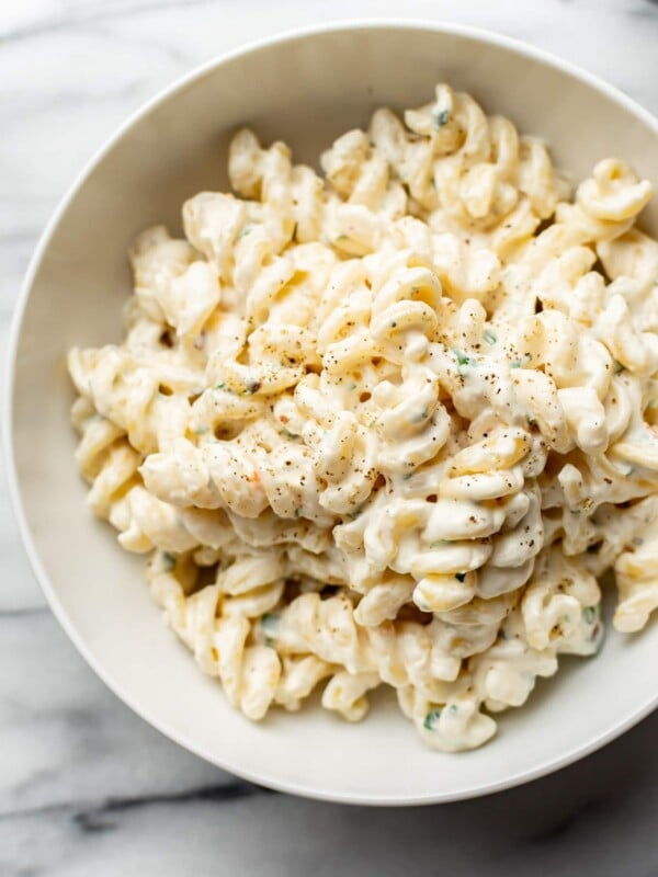 cream cheese pasta close-up in a white bowl