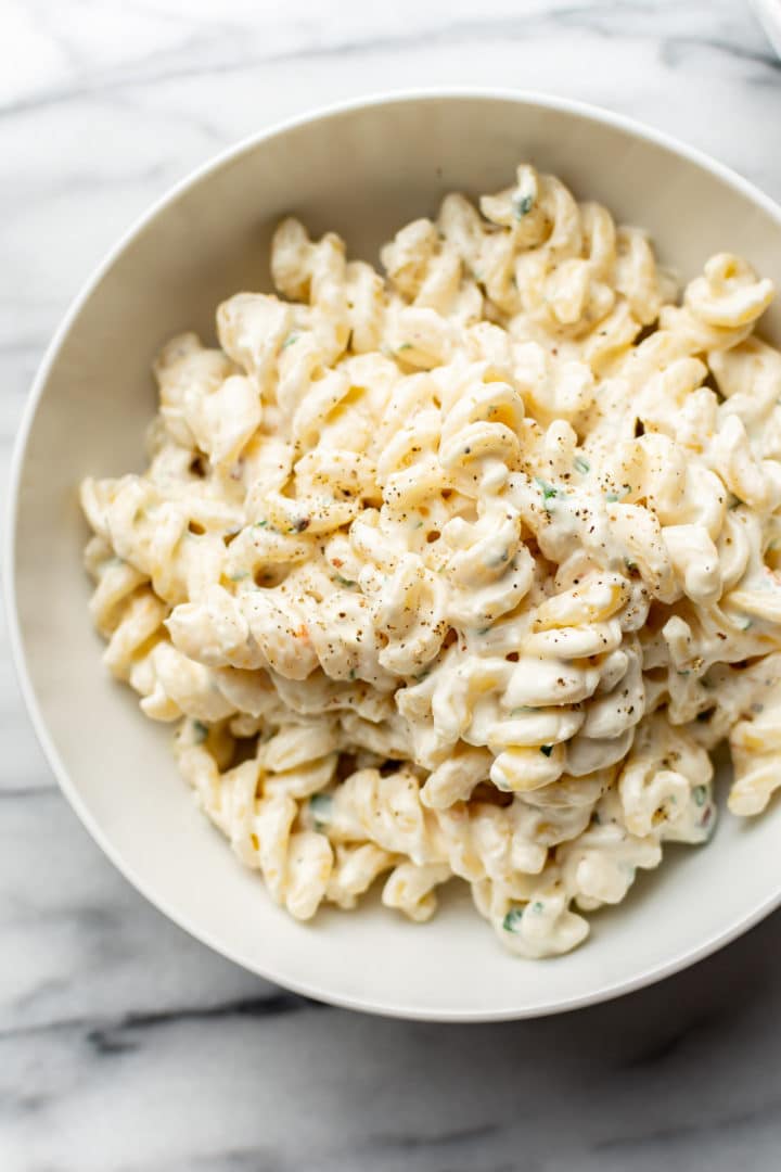 cream cheese pasta close-up in a white bowl