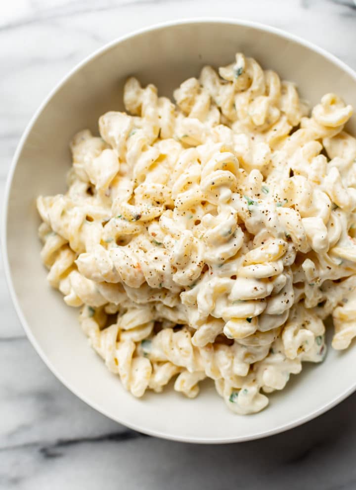 cream cheese pasta close-up in a white bowl