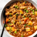 hamburger stew in a white bowl