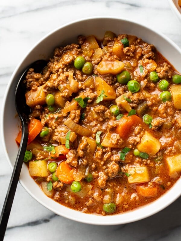 hamburger stew in a white bowl