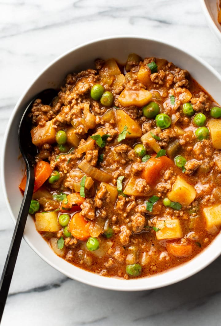 hamburger stew in a white bowl