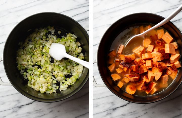 sauteing celery and onion and adding in sweet potatoes to a soup pot for creamy sweet potato soup