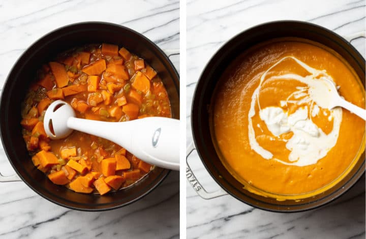 blending creamy sweet potato soup with an immersion blender and adding cream